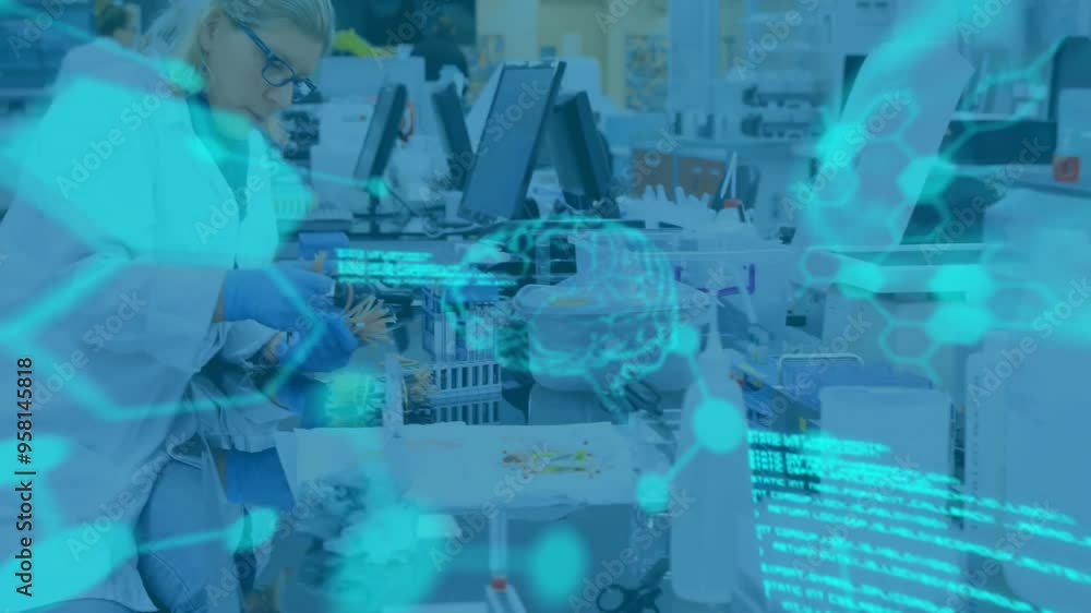 Poster scientific data processing animation over laboratory researchers working with equipment