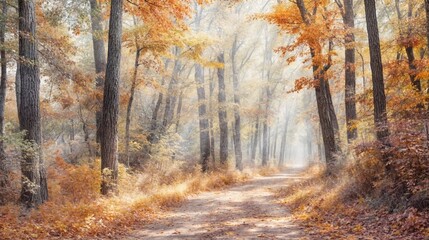 A peaceful autumn forest scene with golden leaves covering the path. Sunlight filters through the trees, creating a warm, serene atmosphere, perfect for a quiet walk in nature during fall