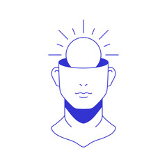 Y2k man head with bright sun sculpture bust contemporary pop art blue line icon vector flat illustration. Antique male god bust monument psychedelic mindfulness awareness open mind sketch
