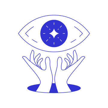 Y2k psychedelic all seeing eye with human hands from hole blue line icon vector flat illustration. Comic bullseye awareness mindfulness touching contemporary pop art funky sketch t shirt print