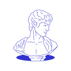 Y2k Greek male sculpture bust in hole surreal comic line icon vector flat illustration. Antique god head marble monument psychedelic blue sketch contemporary pop art funky t shirt print