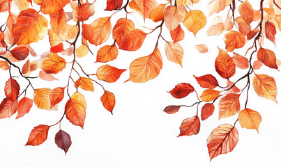 Illustration of fallen autumn leaves, orange, red and maroon isolated on white background, autumn season concept