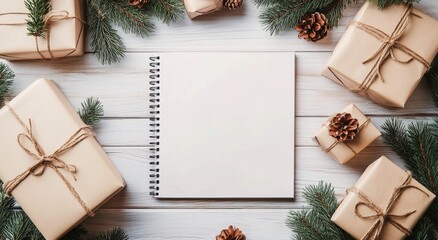 Blank spiral notebook surrounded by holiday gifts and pine branches on wooden tabletop