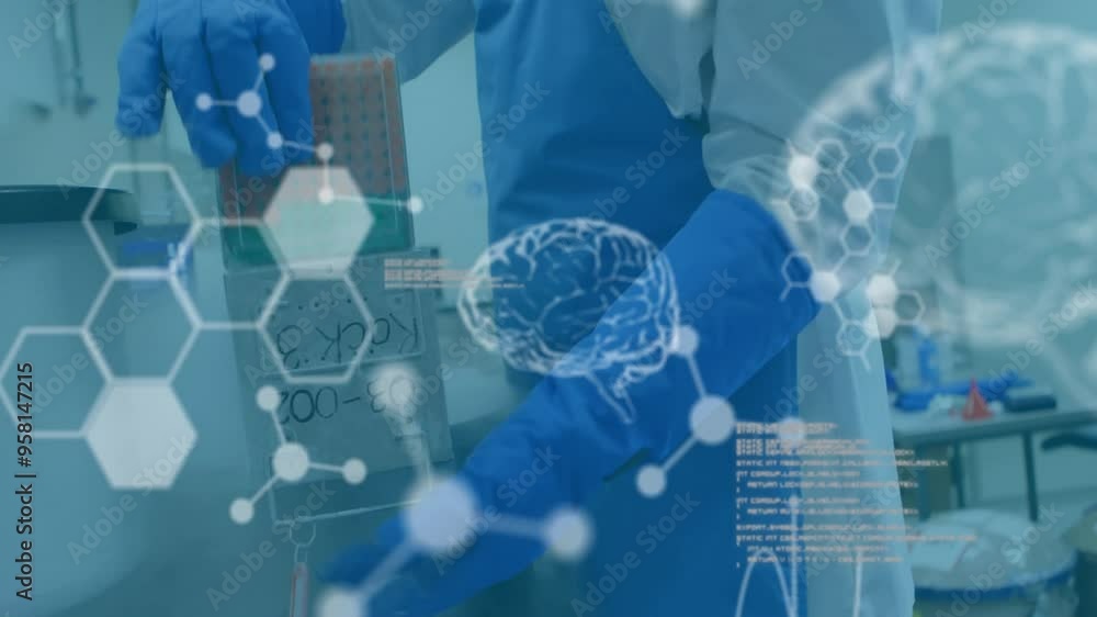 Aufkleber scientific data and brain diagram animation over lab technician working with samples