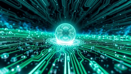 Obraz premium Futuristic Circuitry Glow, A glowing circular element illuminates a complex network of green and black lines resembling an advanced electronic circuit board. This image evokes technological.