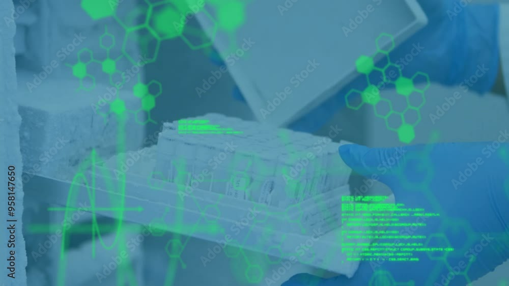Poster scientific data processing animation over gloved hands handling laboratory samples