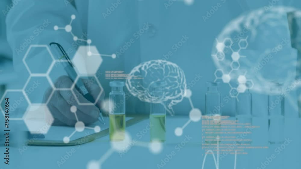 Aufkleber brain and molecular structures with scientific data animation over blue background