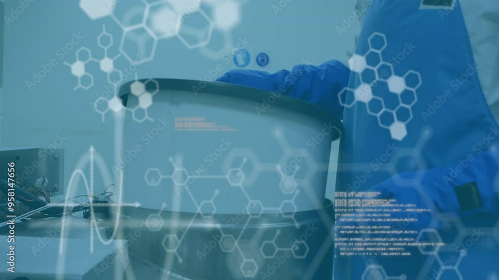 Poster hexagonal molecular structures and scientific data animation over lab worker handling equipment
