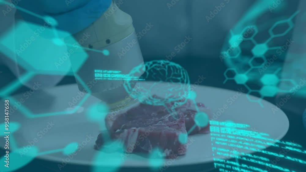 Poster scanning meat with device, scientific data and molecular structures over animation