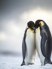 Obraz premium Two penguins standing close to each other in the snow