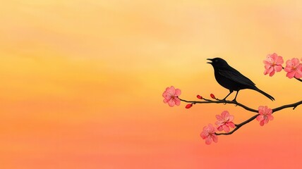 A bird singing at dawn from a blossoming tree branch, celebrating the renewal of life with the arrival of a new day