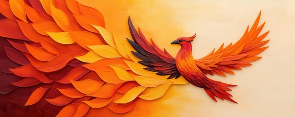 Obraz premium A phoenix rising from its ashes with vibrant, fiery wings, embodying the spirit of renewal and new beginnings