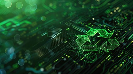Fototapeta premium Digital green technology concept with icon and ecofriendly elements on a circuit board background, AI for sustainable development goals.