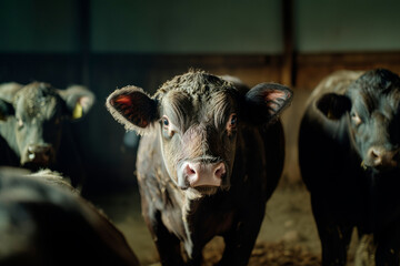 Close-up of a cow in a dimly lit barn