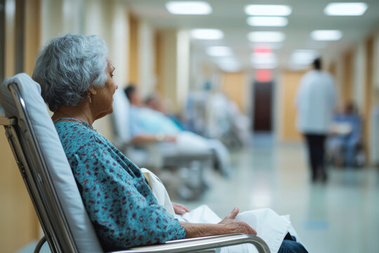 Elderly patient waiting in a hospital corridor