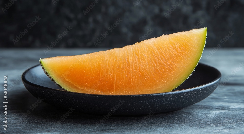 Canvas Prints fresh melon slice served on a black plate against a textured dark background