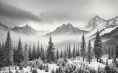 Serene black and white mountain landscape with snow-covered peak