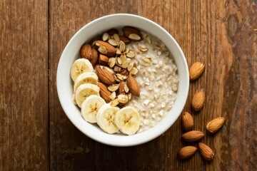 Obraz premium Oatmeal with Banana, Almonds, and Almond Milk