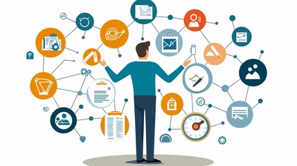 Innovative Businessman Engaged in Digital Brainstorming Surrounded by Mind Maps and Charts