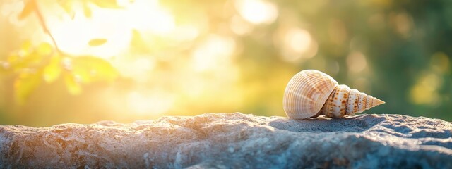Obraz premium A seashell atop a sandy beach, near a verdant, leafy tree, under a sunny sky