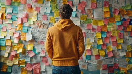 A businessman analyzing complex ideas at a brainstorming wall filled with sticky notes and