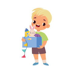 Boy Character Play Hold Box with Toy Vector Illustration