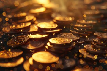 Ethereum cryptocurrency coins glowing in the dark with bokeh, perfect for finance and technology concepts