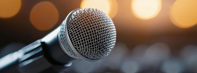 Obraz premium A tight shot of a microphone against a backdrop of softly blurred lights