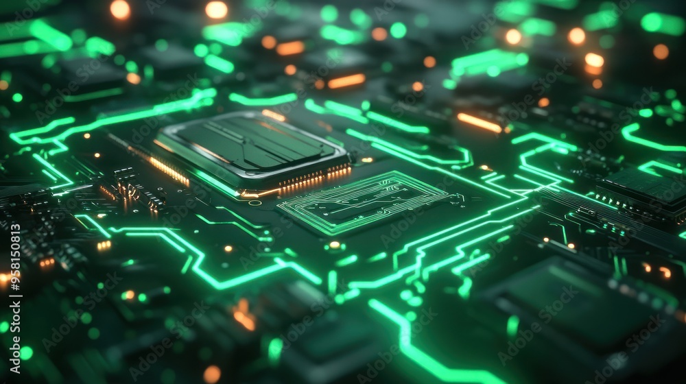 Poster green illuminated circuit board with a central chip