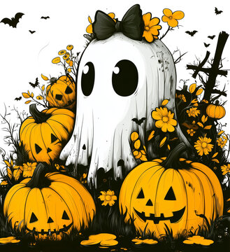 recommend clip art: Cute Ghost with Bow and Pumpkin Lamp Illustration, Happy Halloween Scary Trendy T-Shirt Design, Halloween Clipart, Illustrations, and Design Elements.Transparent Background