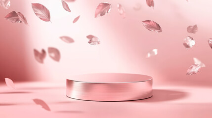 Polished Silver Pedestal On Muted Rose Background With Falling Silver Leaves, Perfect For Jewelry And Beauty Product Displays . Generative ai