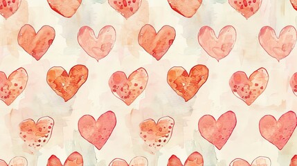 Watercolor Seamless Pattern of Red Hearts on a Light Background