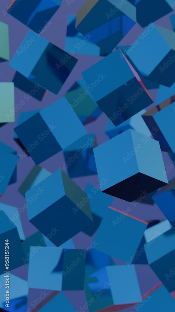 Poster floating blue cubes in abstract motion