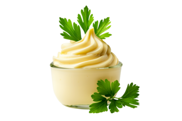 A smooth, creamy herb mayonnaise garnished with fresh green herbs, making it perfect for dips or sauces, isolated on white transparent background.