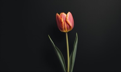 A single tulip with red and yellow petals against a black background