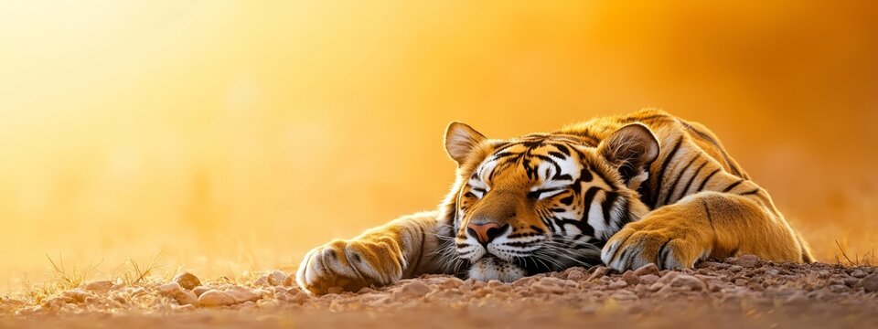  A tight shot of a reclined tiger on the ground, head rested backward, eyes shut