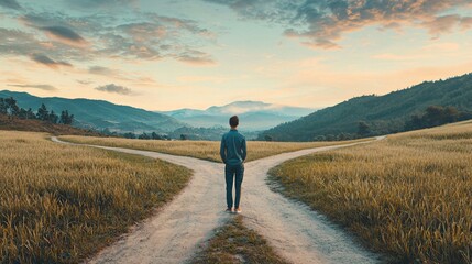 Man Standing at a Fork in the Road.