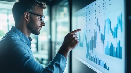 A businessman in a corporate office points to a virtual screen with a cost reduction chart, showing down arrows to signify successful budget management and cost reduction efforts.