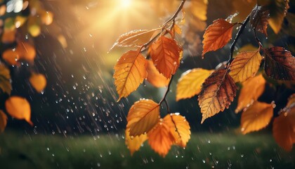 yellow leaves fell on the ground, light rain, close-up, autumn concept.