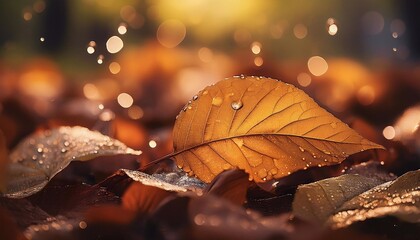 yellow leaves fell on the ground, light rain, close-up, autumn concept.