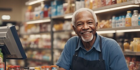 Elderly African-American man at grocery store cash register with
