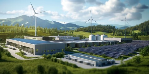 view of the city, Innovative Green Energy Facility with Wind Turbines, Solar Panels, and a Sustainable, Eco-Friendly Design 