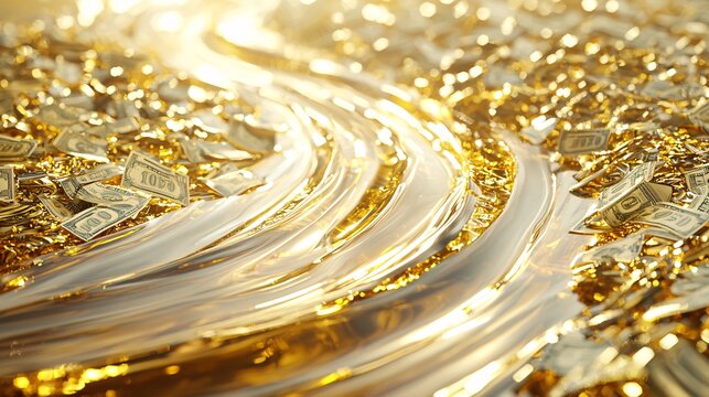 Dynamic Liquid Gold River Flowing Through a Luxurious Landscape Symbolizing Financial Abun
