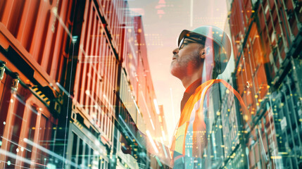 A logistics worker stands confidently with a tablet near cargo boxes, immersed in data and technology, ensuring efficient operations at the port