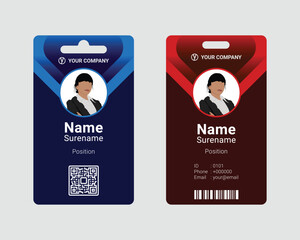 blue and red employee id card design template with editable text