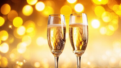 Two champagne glasses on a golden blurred background