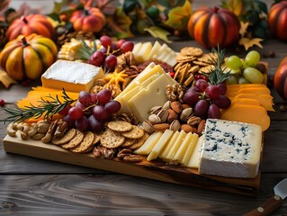 A beautifully arranged Thanksgiving cheese board with a variety of cheeses fruits nuts and crackers set on a wooden table with autumn-themed decorations