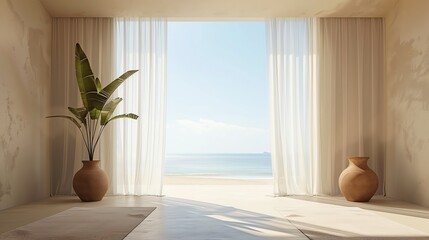 Empty room in luxury summer beach house with sea view. AI generated image