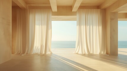Empty room in luxury summer beach house with sea view. AI generated image