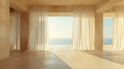 Empty room in luxury summer beach house with sea view. AI generated image
